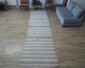 Vintage Turkish Kilim Runner Rug 3x12 – Handmade Oushak Neutral Brown & Cream Striped Wool Kilim