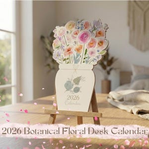 Puede incluir: Calendario de escritorio floral botánico 2026 con una ilustración de acuarela de flores en un jarrón. El calendario se muestra en un pequeño caballete de madera. El texto "2026 Calendar" es visible. La combinación de colores es suave y pastel.