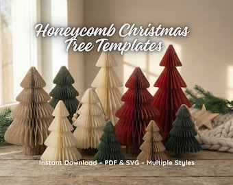 Plantilla de árbol de Navidad en forma de panal 3D / Manualidad navideña de papel (PDF + SVG + DXF) / Decoración familiar DIY