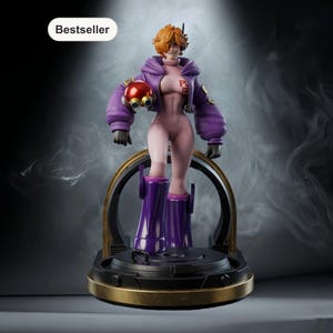 May include: A collectible figurine of a character with short orange hair, wearing a purple jacket over a light pink bodysuit with the text PU 02, and purple boots. The figure holds a red and gold spherical object and stands on a circular base.