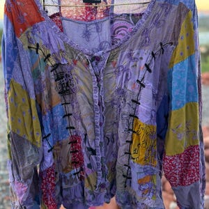 Charina Sarte 2X Patchwork Boho Blouse Rayon Embroidered Art Wear Statement Top!