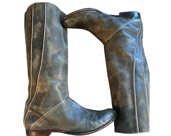 Frye Tall Cindy Piping  Distressed Leather Green/Gray Moto Equestrian boot 8.5