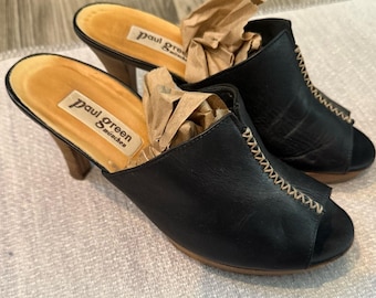 Paul Green Munich Black Leather Mule Heels Wood Heel EUC Minimalist Luxe 90s 5