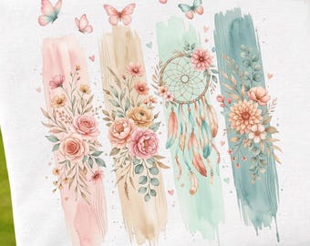 Boho Butterfly Flowers PNG: Dreamcatcher Floral Brushstroke Aesthetic Clipart png Western Bohemian Nature Art (Digital Download)