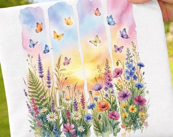 Vibrant Wildflower Butterfly PNG: Watercolor Floral Meadow Sunset Clipart png Spring Nature Aesthetic Botanical Art (Digital Download)