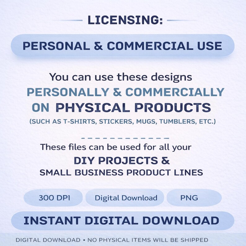 K&ouml;nnte beinhalten: Grafik f&uuml;r digitalen Download mit Informationen zur Lizenzierung f&uuml;r private und kommerzielle Nutzung. Der Text erl&auml;utert die Verwendung der Designs auf physischen Produkten wie T-Shirts, Aufklebern und Tassen. Erw&auml;hnt werden auch DIY-Projekte und kleine Unternehmen.