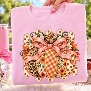 Op de afbeelding: Een lichtroze sweatshirt met een centrale afbeelding van een pompoen versierd met luipaardprint, oranje gingham en bloemmotieven. De pompoen is versierd met een grote roze strik, groene ranken en kleine herfstbladeren en bessen.