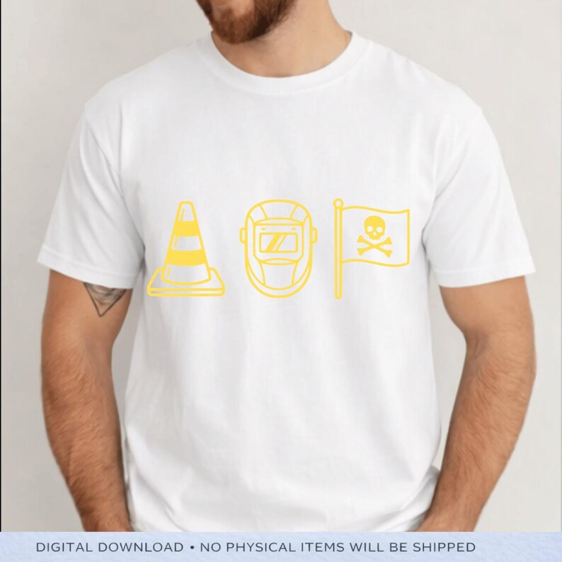 K&ouml;nnte beinhalten: Wei&szlig;es T-Shirt mit gelbem Grafikdesign, das einen Verkehrskegel, eine Schwei&szlig;maske und eine Flagge mit Totenkopf und Knochen zeigt. Das Shirt ist ein digitaler Download.