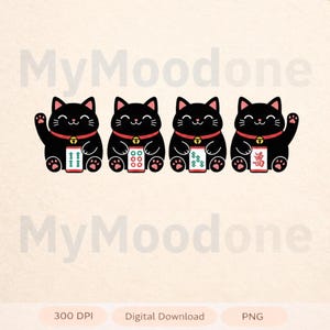 May include: Four black lucky cat illustrations with red collars and gold bells. Each cat holds a different design, including a set of mahjong tiles. One cat is waving its paw. The background is a light beige color.