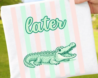 Later Alligator Funny Lazy Quote PNG: retro alligator cartoon kids party png pastel stripes sarcastic humor design (Digital Download)