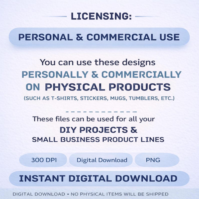 Puede incluir: Gr&aacute;fico de descarga digital con informaci&oacute;n sobre licencias para uso personal y comercial. El texto detalla el uso de los dise&ntilde;os en productos f&iacute;sicos como camisetas, pegatinas y tazas. Tambi&eacute;n menciona proyectos de bricolaje y peque&ntilde;as empresas.
