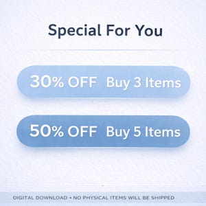 Puede incluir: Gr&aacute;fico digital con el texto "Special For You". Dos rect&aacute;ngulos redondeados azul claro muestran "30% OFF Buy 3 Items" y "50% OFF Buy 5 Items" en blanco. La parte inferior dice "DIGITAL DOWNLOAD - NO PHYSICAL ITEMS WILL BE SHIPPED."