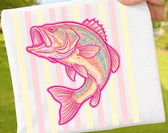 Everyday Summer Shake That Bass PNG: Retro Fish Stripes Pink Preppy Aesthetic Lake Pond png Watercolor Clipart (Digital Download)