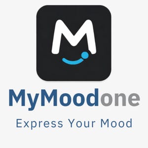 Puede incluir: Icono de aplicaci&oacute;n m&oacute;vil con fondo negro y forma de 'M' blanca. Debajo, el texto 'MyMoodone' en azul y gris, con el lema 'Express Your Mood' en azul.