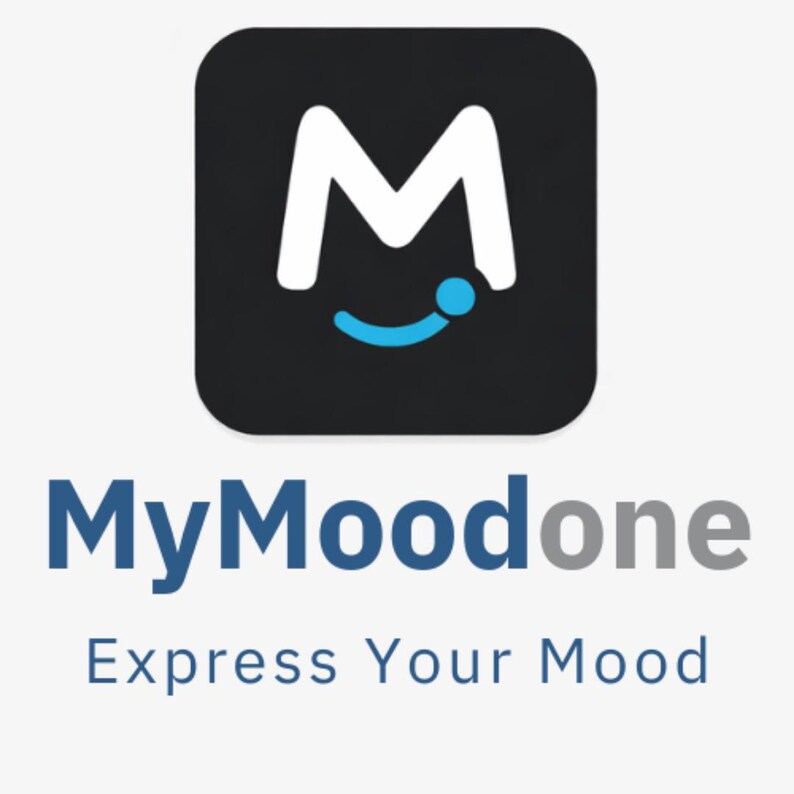 Puede incluir: Icono de aplicaci&oacute;n m&oacute;vil con fondo negro y forma de 'M' blanca. Debajo, el texto 'MyMoodone' en azul y gris, con el lema 'Express Your Mood' en azul.