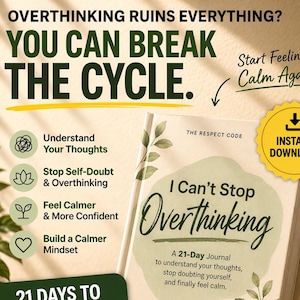 Könnte beinhalten: Ein Journal mit dem Titel "I Can't Stop Overthinking" mit dem Text "21 Tage für einen ruhigeren Geist". Das Cover zeigt ein Blumendesign und die Worte "Druckbar - Sofort-Download". Eine Tasse Kaffee und ein Stift sind ebenfalls zu sehen.
