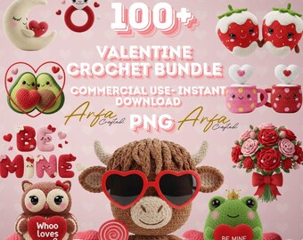 Pakiet walentynkowych szydełkowych obrazków PNG 100+ | Urocze amigurumi, miłosne cliparty | Kawaii walentynkowe obrazki PNG, zwierzątka w kształcie serca, walentynkowa sublimacja, pobieranie cyfrowe