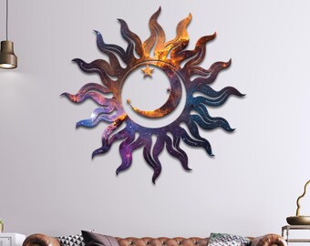 May include: A celestial-themed wall art piece featuring a sun and moon design. The sun's rays and the moon's crescent are intricately detailed. The artwork showcases a vibrant color palette of blues, purples, oranges, and browns, creating a cosmic effect.