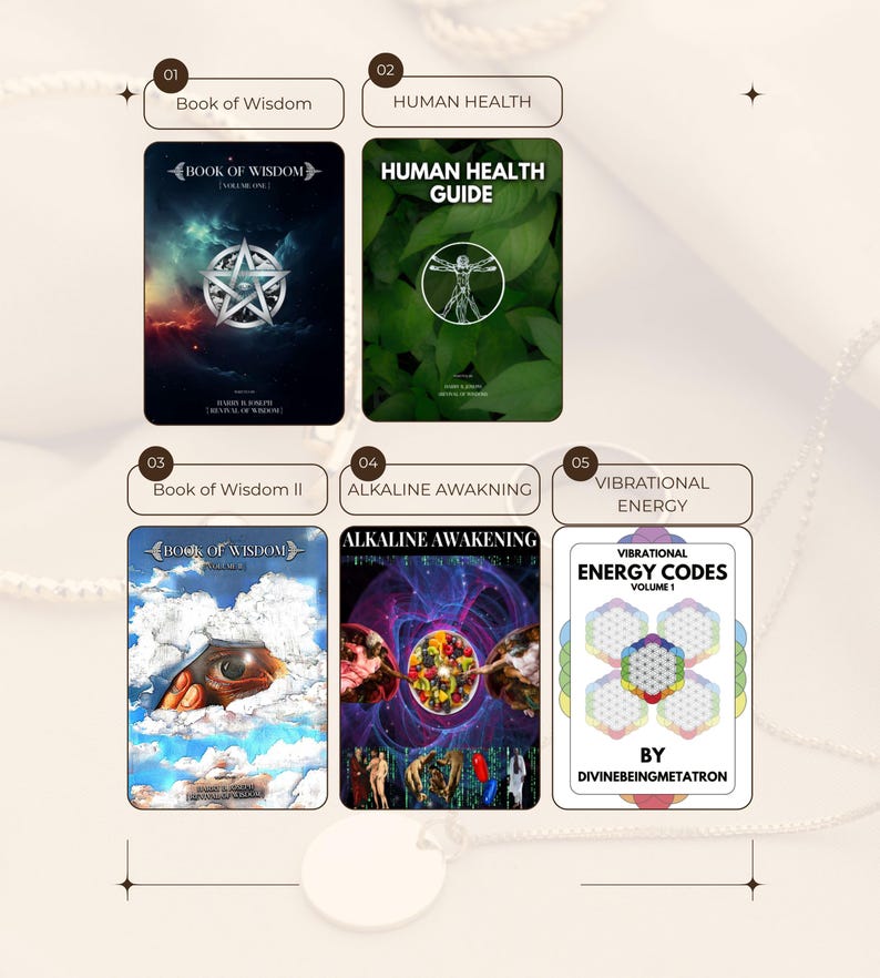 K&ouml;nnte beinhalten: Eine Sammlung von f&uuml;nf Karten mit verschiedenen Titeln und Designs. Die Karten umfassen "Book of Wisdom", "Human Health Guide", "Book of Wisdom II", "Alkaline Awakening" und "Vibrational Energy Codes". Jede Karte hat einzigartige Kunstwerke und Text.