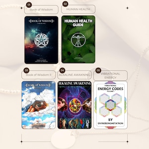 K&ouml;nnte beinhalten: F&uuml;nf Karten mit verschiedenen Titeln und Designs werden gezeigt. Die Karten tragen die Aufschriften "Book of Wisdom", "Human Health Guide", "Book of Wisdom II", "Alkaline Awakening" und "Vibrational Energy Codes". Jede Karte hat einzigartige Kunstwerke und Text.