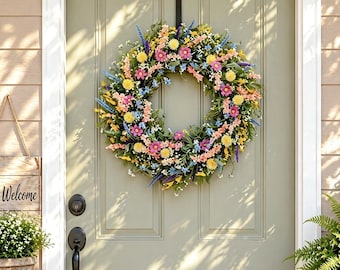 Couronne de fleurs sauvages pour porte d'entrée, couronne d'été colorée, décoration florale bohème pour porte, décoration de couronne de printemps, décoration murale de ferme, idée cadeau