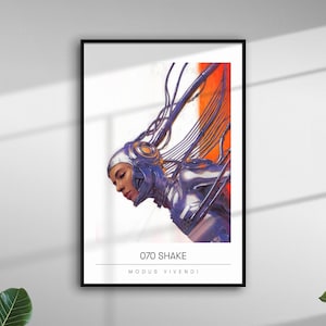 May include: Framed art print featuring a futuristic portrait of a person with metallic headgear and flowing wires, set against an orange and white background. The print includes the text "070 SHAKE" and "MODUS VIVENDI" in a minimalist design.