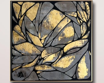 Original painting Abstract Gold Leaf Painting on Canvas Modern Textured Art (36x36 in)