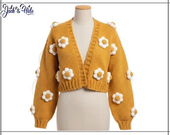 Handmade Crochet Flower Cardigan, Chunky Knit, Retro Crop Sweater