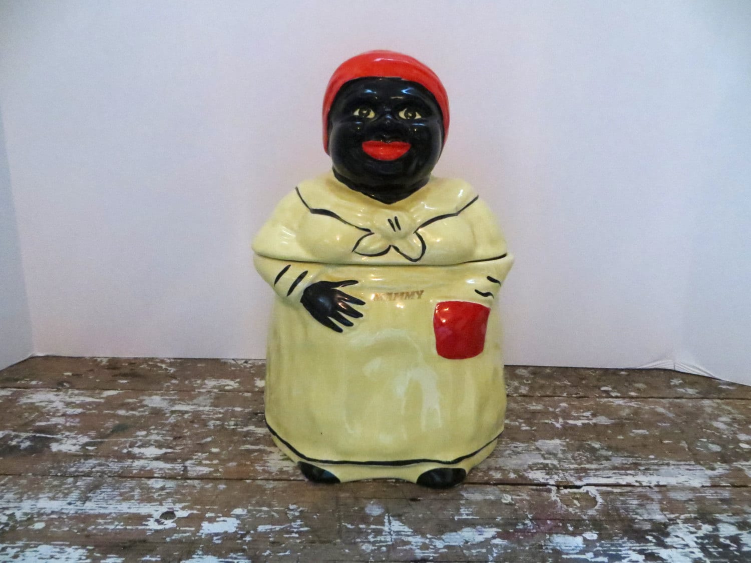【USA vintage】1930〜50 　ジェミマおばさん　バンク　鋳物 Pearl China Co Mammy Cookie Jar Hand Decorated 22 Kt. Gold Made in