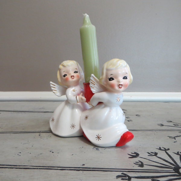 Angel Candle Holder Christmas Angel Figurine Leftons Angel Enesco Angel 1950s Décorations de Noel Centerpiece Anges de vacances rouges et blancs