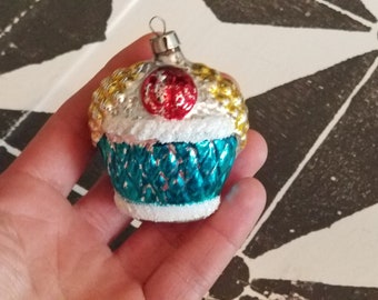 Basket of Fruit Hand Blown Mercury Glass Christmas Tree Ornament Turquoise and Silver