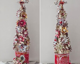 Vintage Christmas Assemblage Arrangement Prince Albert in a Can Gold and Red 26" Tall Vintage Christmas Tree Tinsel Tree