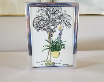 Marguerite Baldasaro Serigraph Ostrich with Plant Boho Plant Kitsch Home Decor Framed Art