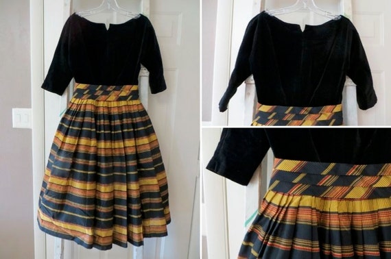 Vintage Dress Candy Jrs Black Velvet and Plaid Dre