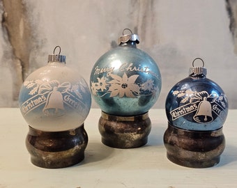 Vintage Shiny Brite Merry Christmas Ornaments Stencil Christmas Greeting Baubles Vintage Tree Ornaments BLUE