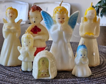 Gurley Christmas Candles Angel Candle Set of  7 Vintage Gurley Candles Wax Candles Nostalgia Christmas Decor Choir Boy Igloo Mary