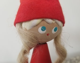New NORDIC GIFTS Handmade in ESTONIA wood Figurine GIRL Red Dress Hat Long  Hair
