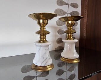 Brass and Marble Pillar Candle Holders Set of 2 R O C Taiwan Vintage Candle Centerpiece Marbled