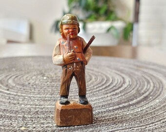 Vintage ANRI Wood Carved Folk Art Figurine Man with Helmet Smoking Pipe Carl Spitzweg