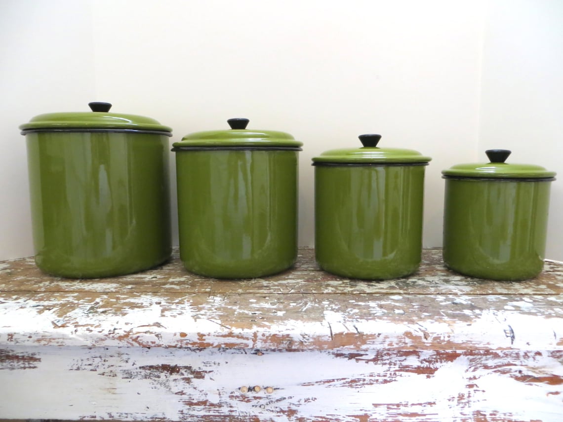 Vintage Green Enamel Canister Set Metal Canister Kitchen Etsy