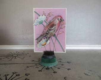 Vintage Ephemera Cardboard Card with a Bird and Flowers Tabbed 3D Bird Common Redpoll Picture of Bird Bird Postcard