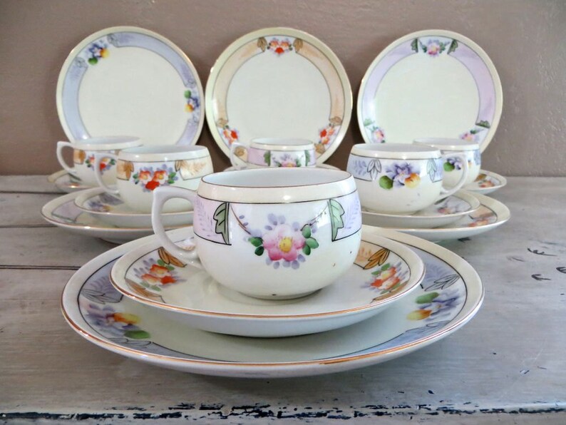 Hand Painted Tea Set Porcelain Snack Set Meito China Luncheon Etsy