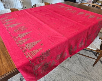 Red California Hand Print Christmas Tree Tablecloth Mid Century Holiday Table Linen 64X52 Red and Gold