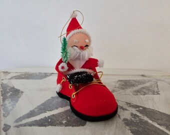 Vintage Felt Santa in a Shoe Christmas Tree Ornament 1950s Santa Ornament Pixie Santa Flocked Santa Claus