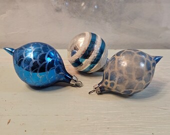 Antique Hand Blown Mercury Glass Ornaments  Teardrop Ornaments Blue Poland Christmas Tree Ornaments Acorn