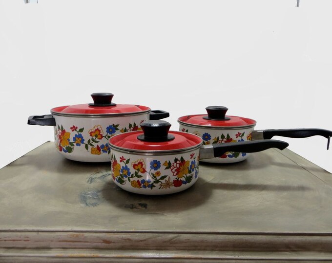 Vintage Cookware Pots and Pan Retro Cookware Enamelware Floral Etsy