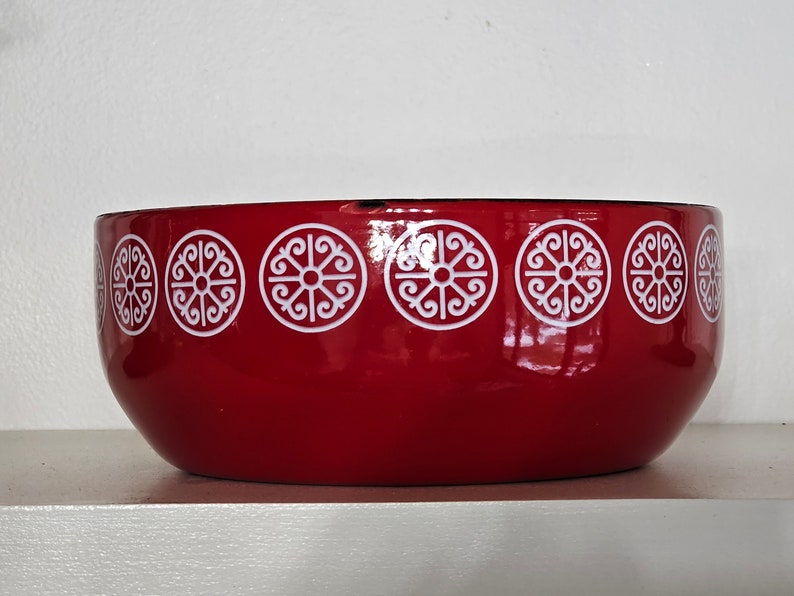 Mid Century Fissler Asia Red Enamelware Bowl Steel Bowl MCM Medallions Modern Bowl image 2