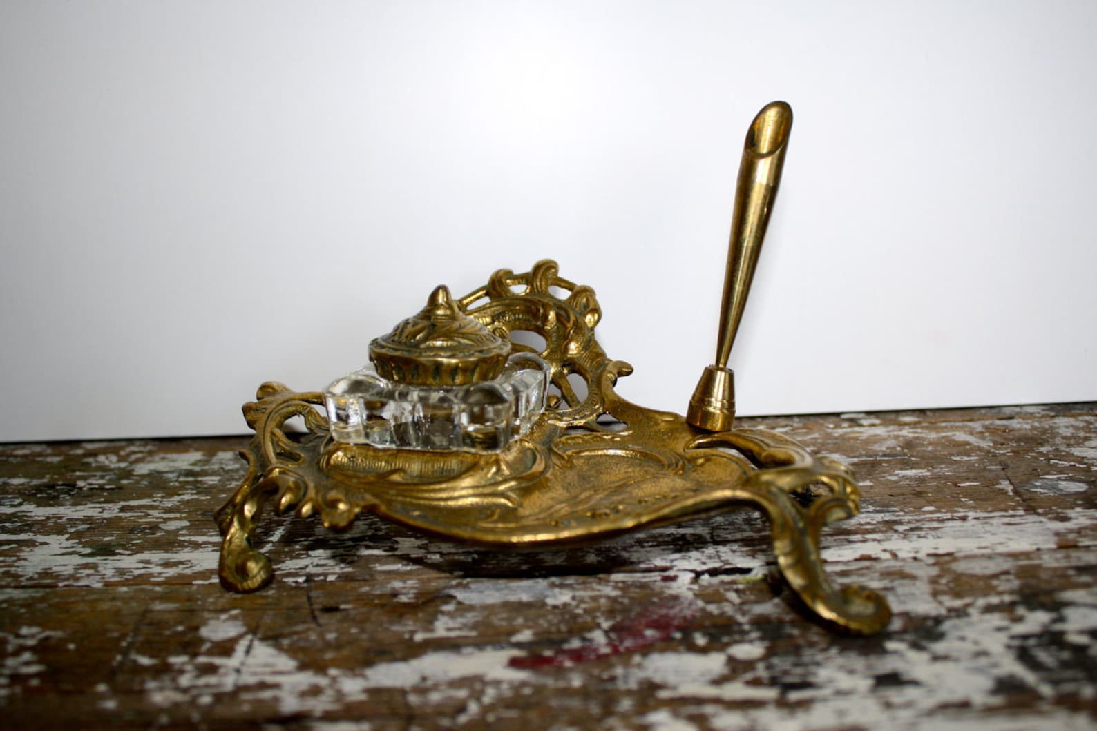 Ink Well Brass Vintage Quill and Stand Inkwell Feather Pen Etsy