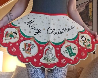 Vintage Christmas Apron 1950s Felt Handpainted with Sequins