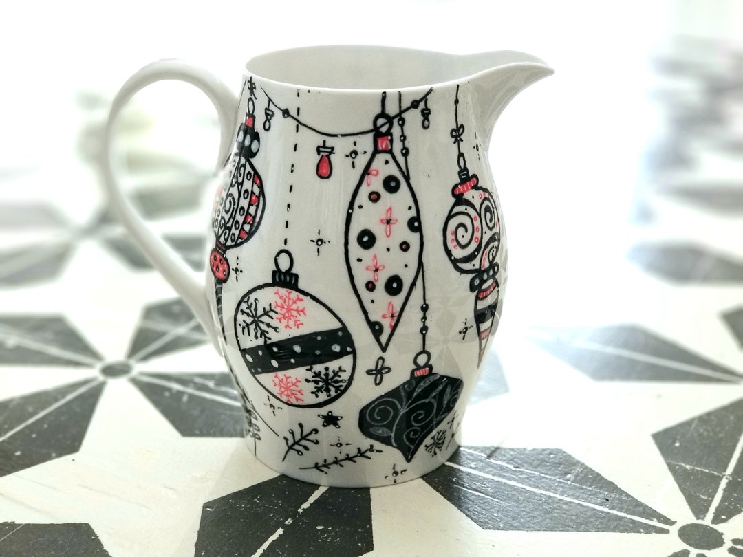 Hand Painted Christmas Vase Ironstone Pitcher Shiny Brite Ornaments Red